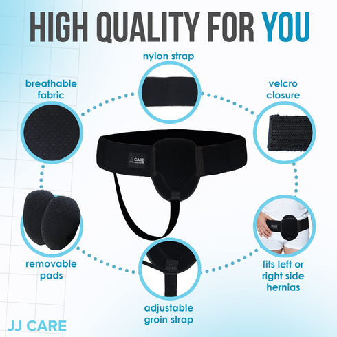 JJ CARE Hernia Belt for Men with 2 Removable Compression Pads - Hernia Belt Truss for Single or Double Inguinal Sports | Pain Relief Recovery Strap - Hernia Support Brace with Adjustable Waist Strap